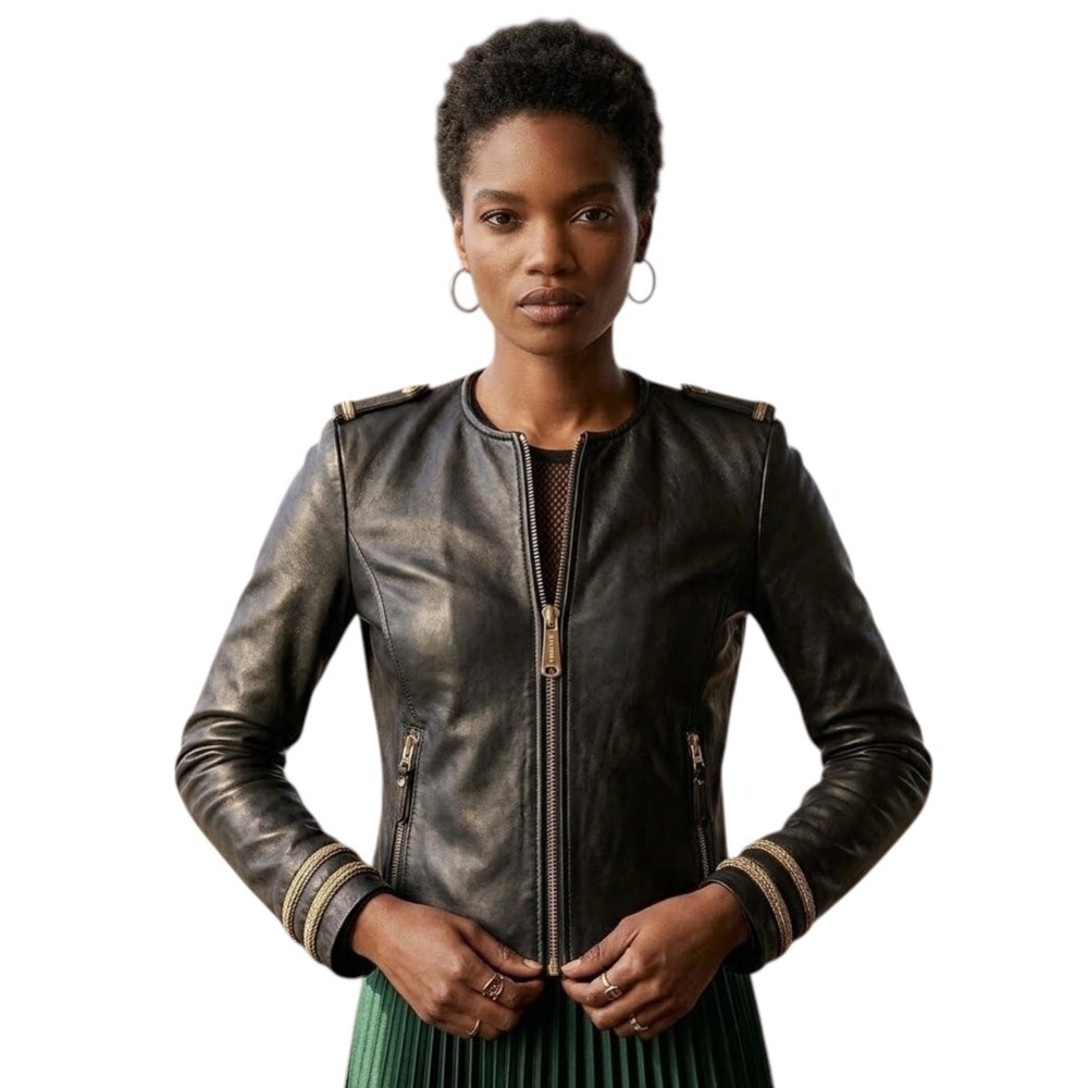 Barone Firenze Womens Black Butter Soft Leather Military Zip Jacket Gold Trim S